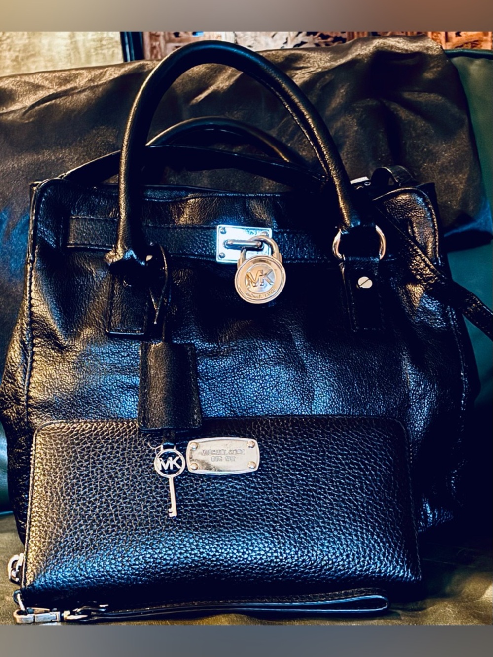 Michael Kors Black Leather Satchel with Matching Black Wristlet